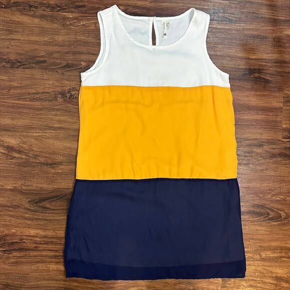 Modcloth Pink Owl Yellow Navy Blue White Colorblock Shift Dress Sleeveless L - Picture 1 of 8